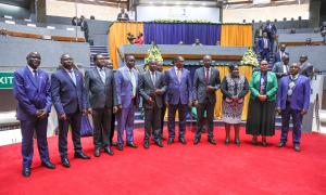 PSSF Trustees pose for a photo with the Treasury Cabinet Secretary Hon. John Mbadi and Public Service Cabinet Secretary Hon. Justin Muturi at the 3rd AGM of PSSF.